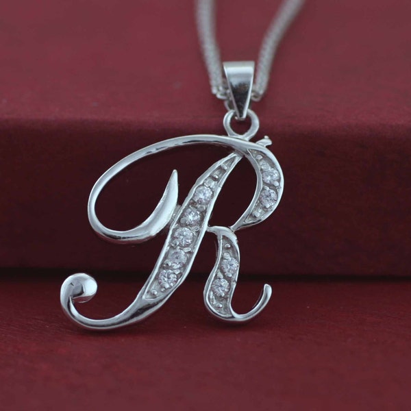 Letter R  Necklace, Sterling Silver Initial Necklace, Silver Initial Necklace With CZ Stones, CZ Letter Initial R, Letter A Initial Necklace