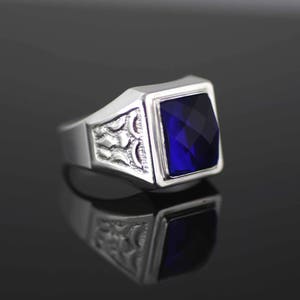 Sterling Silver Blue Stone Mens Ring, Square Blue Cz Men Ring, Sterling Silver Men Ring, Mens Jewelry, Silver Men Ring with Red Square Stone