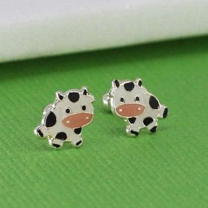Sterling Silver Cow Stud Earrings , Silver Cow Stud, Silver Girls Earrings, Enamel Cow Stud Earrings, Animal Jewelry, Farm Stud Earrings