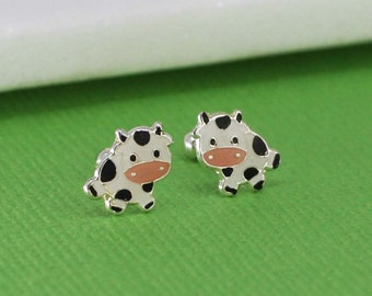 Sterling Silver Cow Stud Earrings , Silver Cow Stud, Silver Girls Earrings, Enamel Cow Stud Earrings, Animal Jewelry, Farm Stud Earrings