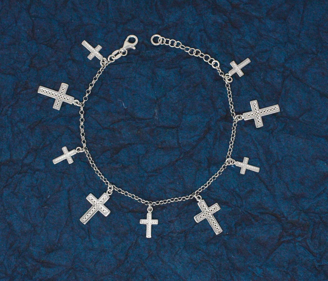 Multi Cross Bracelet, Sterling Silver Christian Charm Bracelet