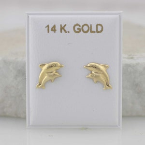 14K Gold Dolphin Stud Earrings, Double Dolphin Stud Earrings, 14K Gold Dolphin Stud  Earrings with Screw Back, Baby Stud Earrings,