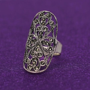 Anillo de filigrana larga de plata de ley, anillo de armadura de dedo largo de plata, anillo de marcadería de plata de ley, joyería moderna, día de la madre, anillo Boho
