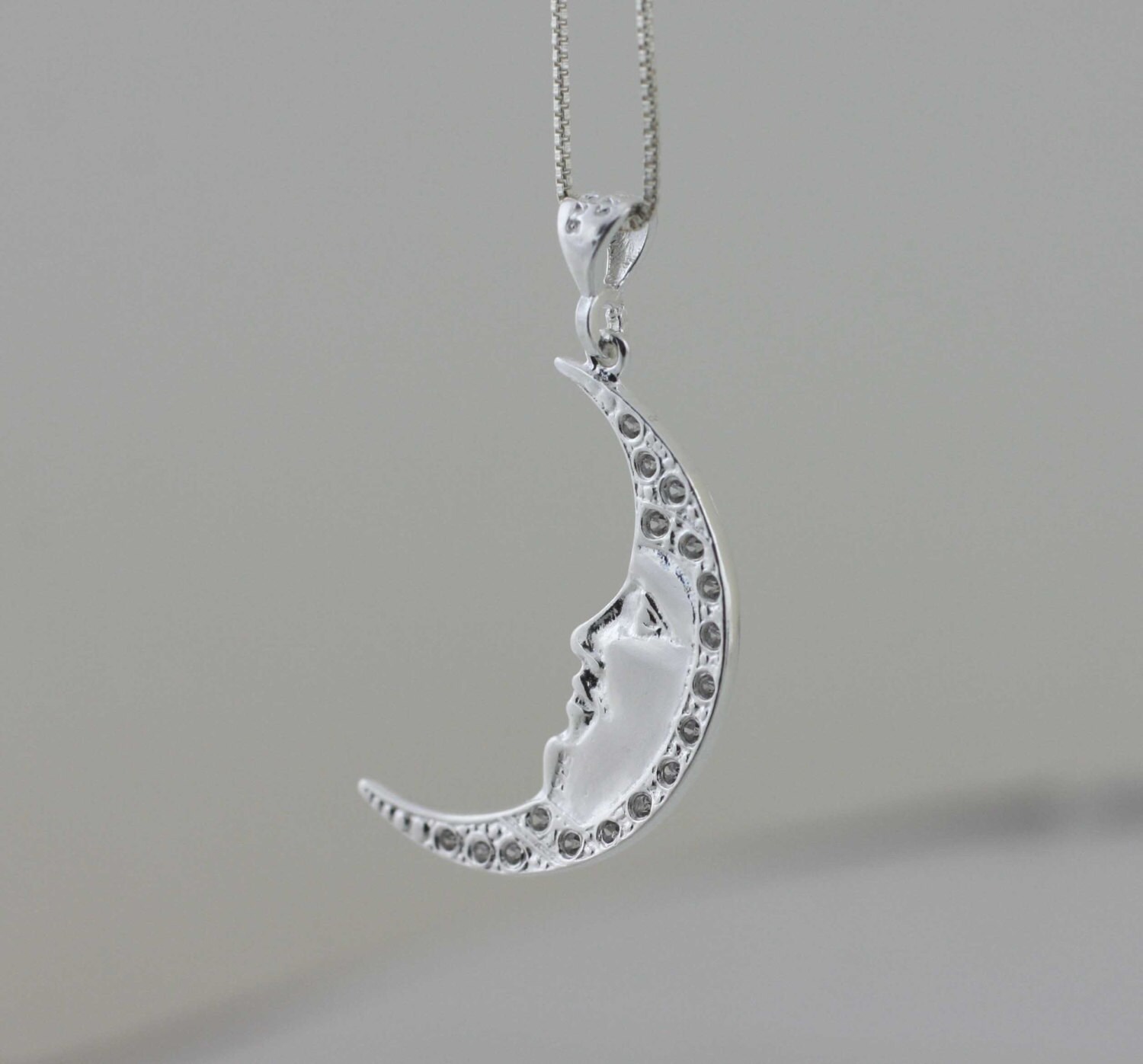 Silver Moon Necklace, Sterling Silver LARGE Moon Cz Necklace