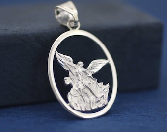 Saint Michael Archangel Necklace, Sterling Silver St. Michael Necklace, Silver St.Michael Oval Necklace, Medium Saint Michael Medal