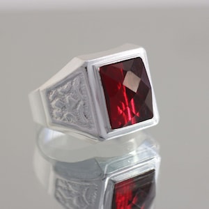 Sterling Silver Red Stone Mens Ring, Square Red Cz Men Ring, Sterling Silver Men Ring, Mens Jewelry, Silver Men Ring with Red Square Stone