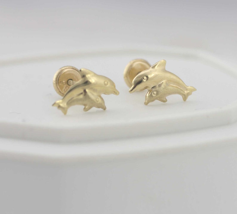 14K Gold Dolphin Stud Earrings Double Dolphin Stud Earrings Etsy