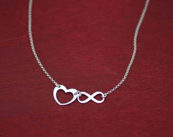 Sterling Silver Heart and Infinity Necklace, Silver Modern Necklace, Silver Heart Necklace, Modern Love Necklace, Silver Boho Necklace