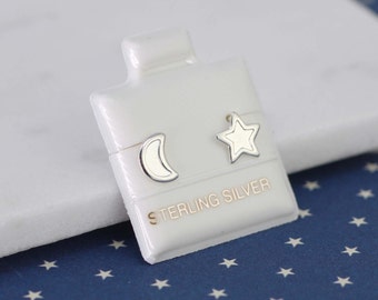 Moon and Star Stud Earrings, Sterling Silver Moon and Star Stud Earrings, Silver Celestial Stud Earring