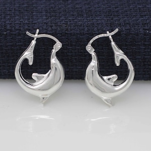 Sterling Silver Dolphin Hoop Earrings, Silver Dolphin Puff Hoop Earrings, Puffy Earrings, Small Hollow Earrings, Shrimp Hoop