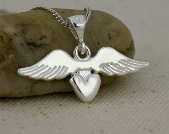 Sterling Silver Heart with Wing Necklace, Silver Winged heart necklace, In Memory Heart with Wings, Silver Heart Necklace, Silver Wings