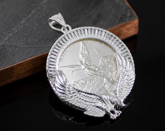 Bisel de moneda de plata esterlina con circonitas cúbicas, marco de moneda de plata esterlina, bisel de moneda con águila, colgante de moneda mexicana, moneda Libertad de 1 oz .999, onza de plata