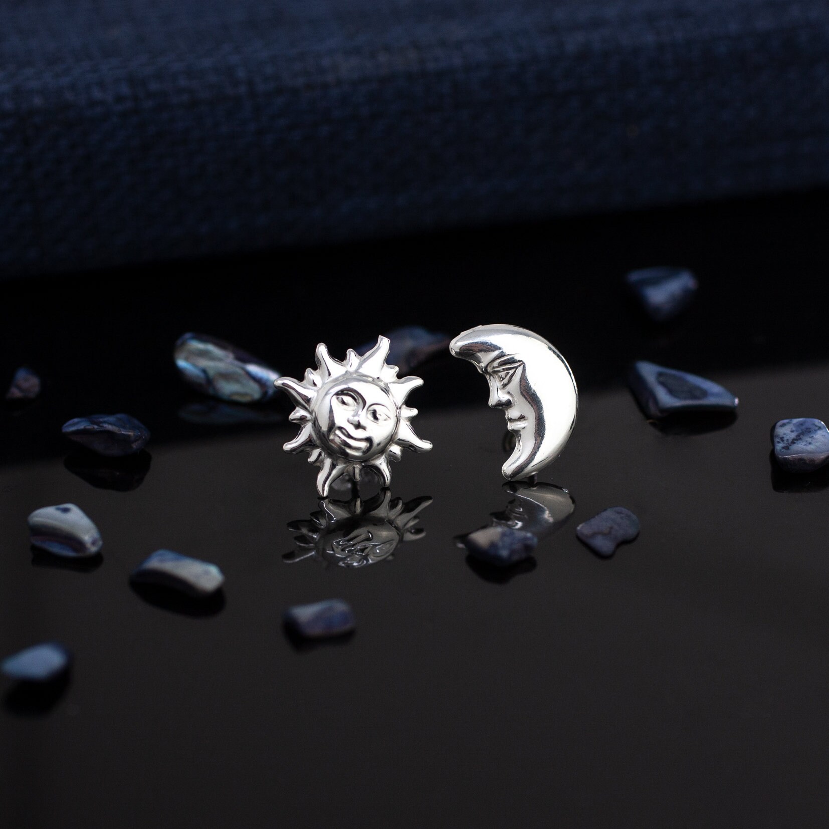 Sun Stud Earrings, Moon Stud Earrings, Sterling Silver