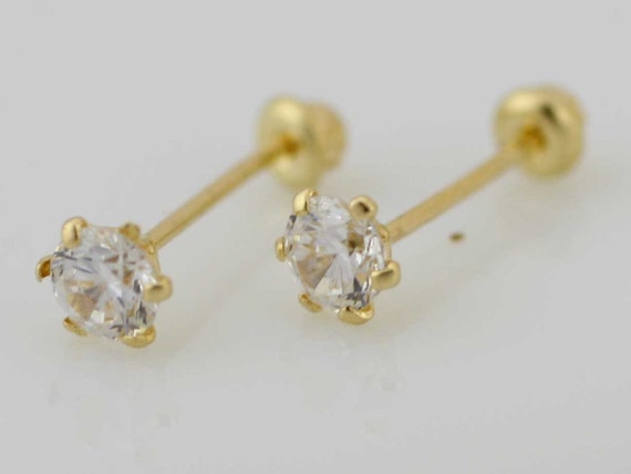 3mm Stud Earrings 14K Gold,14K Solid Yellow Gold Earrings, 3mm Cubic Zirconia Stud Earrings,14K 3mm CZ, Broquel 3mm 14K