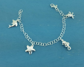 Pulsera de plata de ley con océano, pulsera de plata de ley con dije hueco de océano, pulsera de estrella de mar, pulsera de delfín, pulsera de caballito de mar