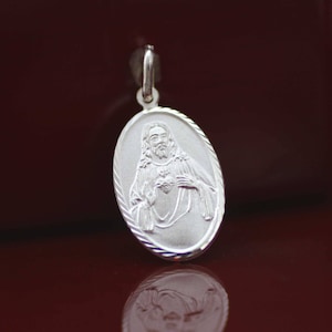 Silver Jesus Necklace, Sterling Silver Jesus Oval Medal, Silver Sacred Heart Medal, Catholic Jewelry, Jesus Christ Silver Medal, Catholic