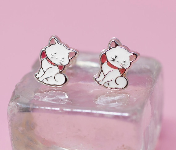 Pink Kitty Cat Face Stud Earrings Sterling Silver with Sparkly Enamel Color Pink Kitty Cat Face Stud Earrings Sterling Silver with Sparkly Enamel Color