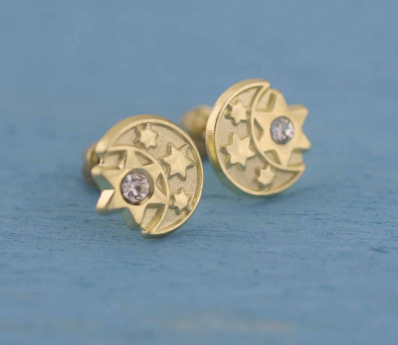 14K Gold Moon and Stars Stud Earrings Moon and Star Stud Etsy