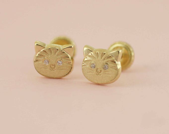 14k Solid Cat Gold Stud Earrings, 14k Kitty Cat Stud Earrings, 14k Gold