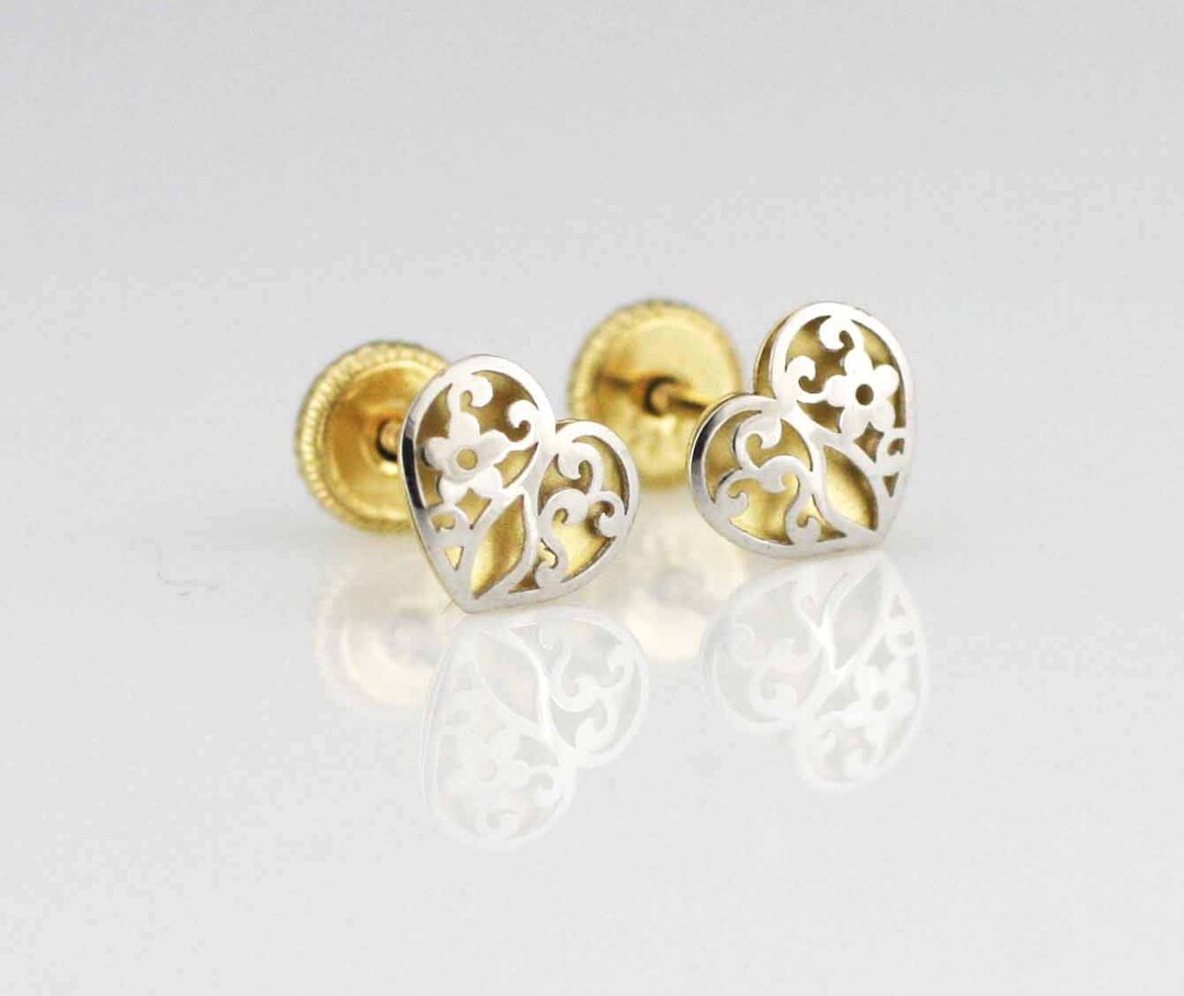 14K Heart Stud Earrings, 14K Gold Heart Filigree Stud