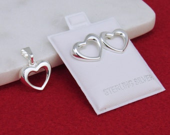 Silver Set Hearts Necklace with Earrings, Sterling Silver Heart Necklace, Silver Heart Stud Earrings, Weddings Jewelry