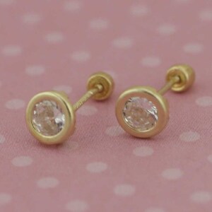 14K Yellow Gold Bezel, Stud 4mm, CZ Screw Back Earring, 14k Cz Baby Earrings, 14k Bezel 4mm Cz Stud Earrings, White, Pink and Red image 4