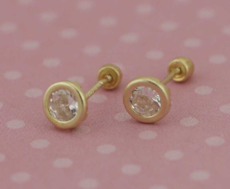 14K Yellow Gold Bezel, Stud 4mm, CZ Screw Back Earring, 14k Cz Baby Earrings, 14k Bezel 4mm Cz Stud Earrings, White, Pink and Red image 4