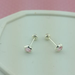 May include: A pair of silver stud earrings with small pink gemstones.