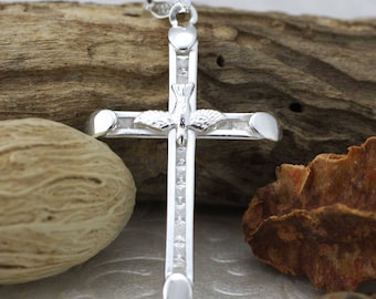 Sterling Silver Cross Necklace, Silver Holy Spirit Cross Pendant, Silver Cross with CZ, Catholic Necklace, Silver Crucifix with CZ, Dove