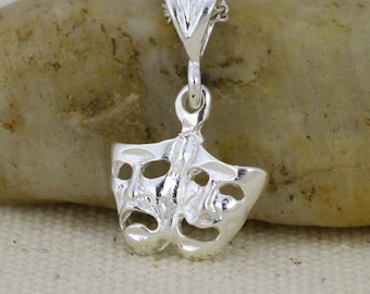 Collar de drama en plata de ley, máscaras de teatro en plata de ley, máscara de comedia y tragedia en plata antigua, regalo para actores, regalo para actrices, arte