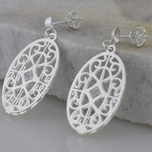 Sterling Silver Oval Filigree Earrings, Silver Oval with Cz  Earrings, Silver Oval  Dangle Earrings, Bridesmaid Earrings, Bride Jewelry