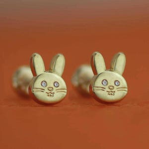 14k Solid Gold Bunny Stud Earrings, 14k Rabbit Stud Earrings, 14k Gold Screw Back Earrings, Girl Stud, 14k  Bunny Earrings, Animal Earrings