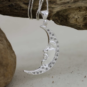 Silver Moon Necklace, Sterling Silver LARGE Moon Cz Necklace, Silver Moon Face, Crescent Moon Necklace, Celestial Necklace, Boho Necklace