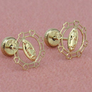Aretes de Guadalupe de 14 quilates, Aretes con bisel de oro de 14 quilates, Aretes de botón de Nuestra Señora de Guadalupe, Aretes con cierre de rosca de oro de 14 quilates, Joyería católica