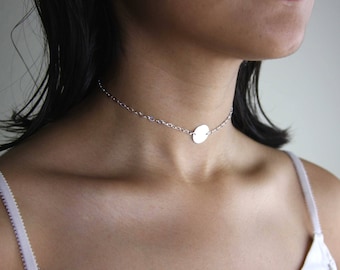 Sterling Silver Choker Necklace, Choker Necklace With Circle Charm, Elegant Choker Chain, Silver Choker Necklace , Silver Disc Necklace