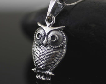 Large Silver Owl Necklace, Sterling Silver Large Owl Pendant, Animal Necklace, Silver Wisdom Necklace, Silver Bird Necklace
