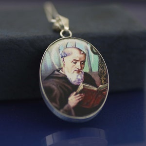 Saint Benedict Resin Necklace with Real Flowers in Silver Bezel, Silver Saint Benedict with Guadalupe Necklace, Double Sided Medal