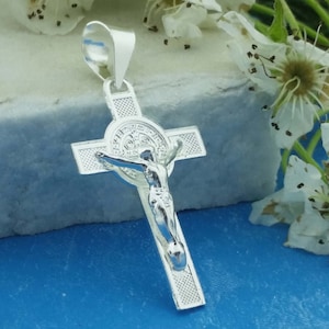 Silver St Benedict Crucifix, St Benedict Cross Necklace. Saint Benedict Cross. Sterling Silver St Benedict. Catholic Pendant.Cruz San Benito