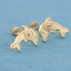 14K Gold Dolphin Stud Earrings, Gold Dolphin Stud Earrings, 14K Gold Dolphin Stud Earrings whit Screw Back, Baby Stud, Dolphin with CZ