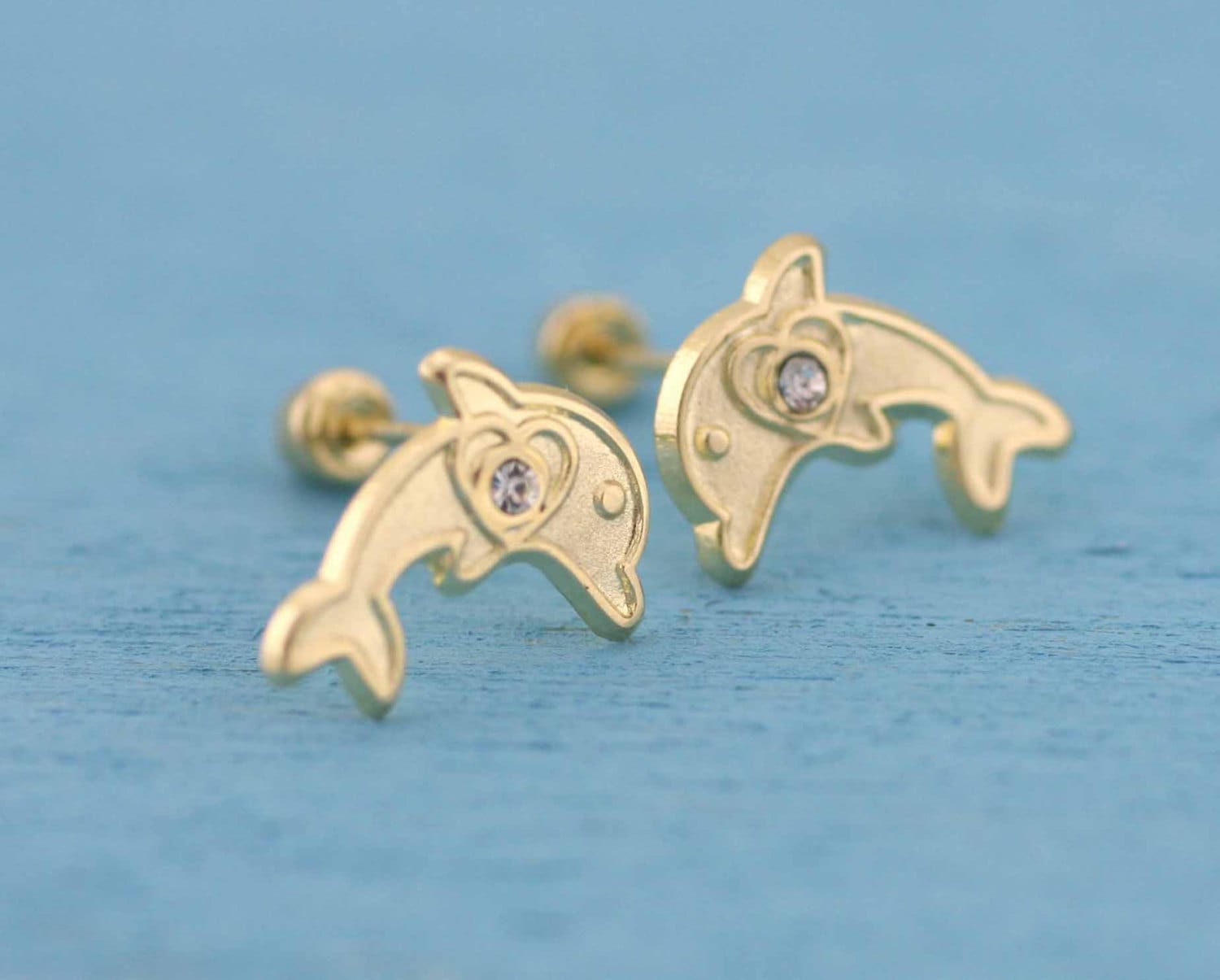 14K Gold Dolphin Stud Earrings, Gold Dolphin Stud Earrings, 14K Gold Dolphin Stud Earrings whit Screw Back, Baby Stud, Dolphin with CZ