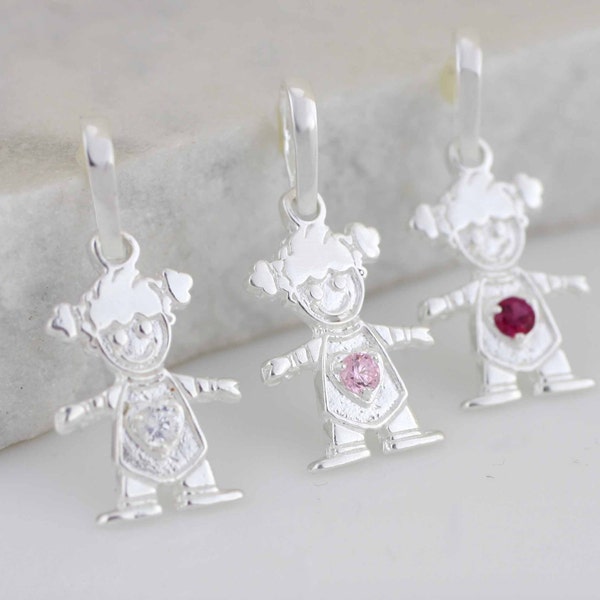 Sterling Silver Little Girl Necklace, Silver Girl Pendant, Girl Charm, Sterling Silver Girl, Baby Girl Charm with Stone, Silver Birth Stone