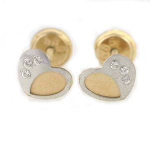 14K Heart Stud Earrings, Heart Two Tone Stud Earrings,14k Yellow and White 14K Gold Stud earrings,Heart Earrings with Screw Back, Girlfriend