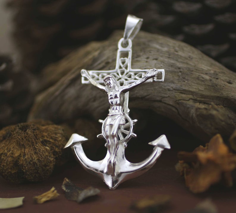 Silver Jesus Christ Anchor Necklace Silver XL Crucifix Etsy