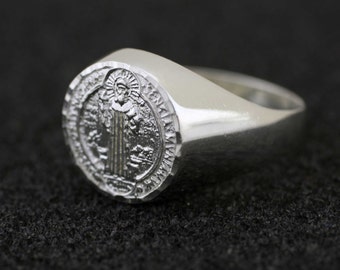 Sterling Silver Saint Benedict Mens Ring, Silver 925 San Benito, Sterling Silver St Benedict Ring, Catholic Jewelry, Silver Men Ring