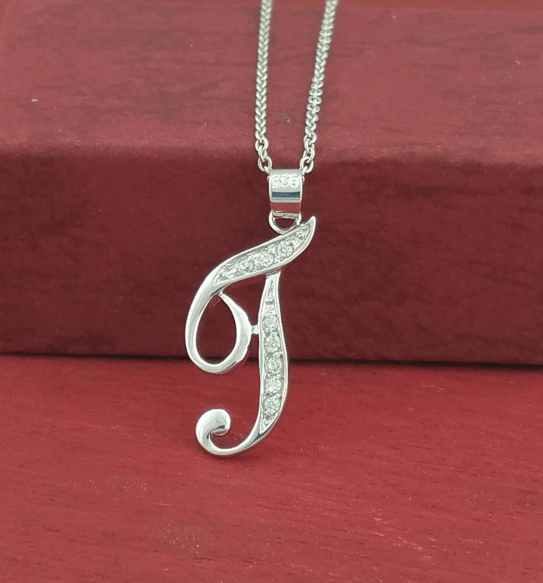 Letter T Necklace, Sterling Silver Initial Necklace, Silver Initial Necklace With CZ Stones, CZ
