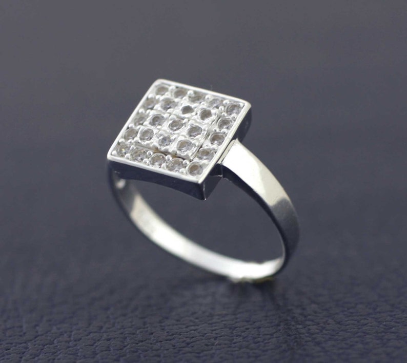 Sterling Silver Square Ring with CZ, Silver Woman Ring with 25 Cubic Zirconia, Silver Promise Ring Sparkly, Silver Engagement Ring image 2