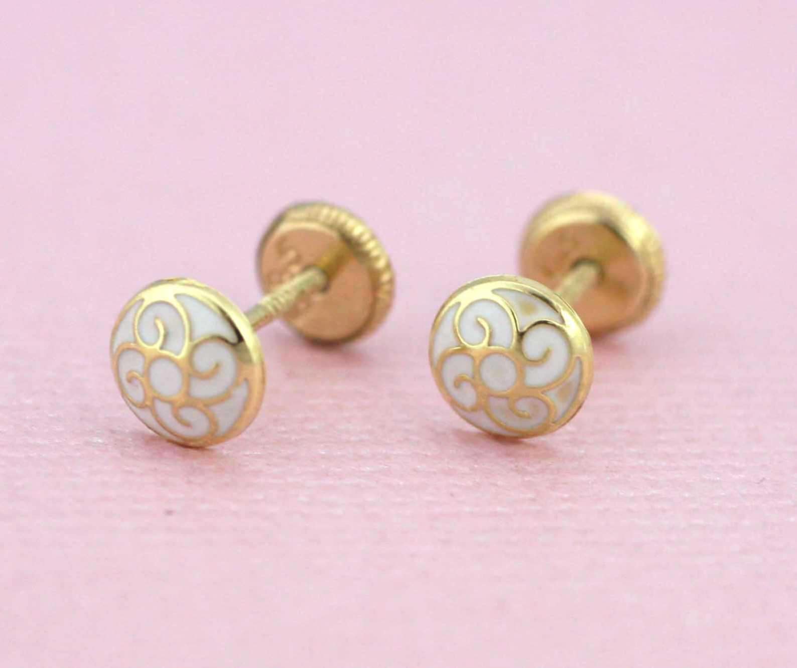 14K Gold Stud Earrings Circle Enamel Stud Earrings 14K Gold Etsy