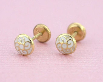 14K Gold Stud Earrings, Circle Enamel Stud Earrings, 14K Gold Stud Circle Enamel Earrings with Screw Back, Baby Stud Earrings, Stud Earrings