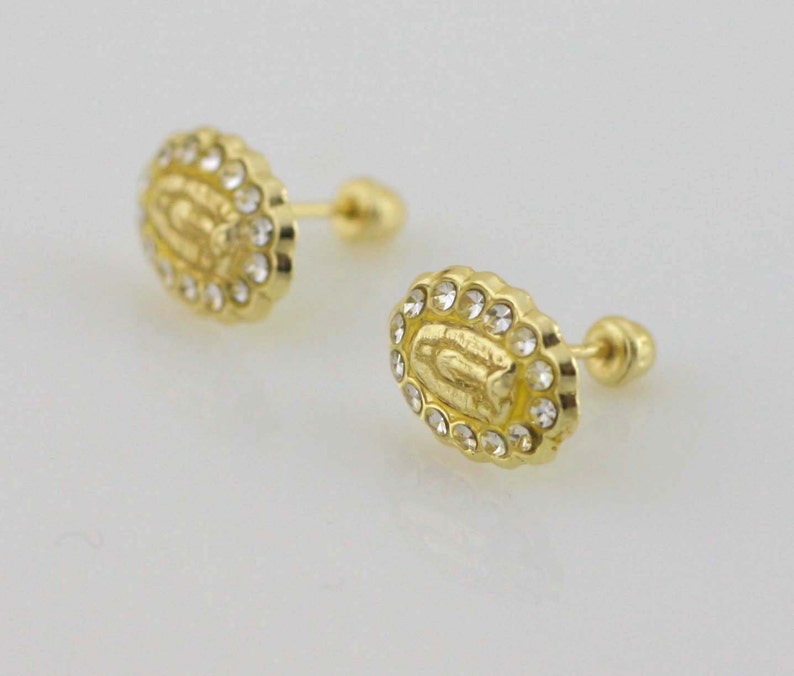 Our Lady of Guadalupe Stud Earrings Broquel 14K Virgen de Guadalupe 14K Gold Screw Back Earring Girl Earrings Guadalupe Earrings with CZ