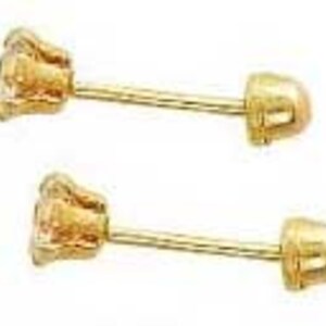May include: A pair of gold-colored stud earrings. Each earring features a small, textured, flower-like design at the front and a screw-on backing. The earrings are presented against a white background.